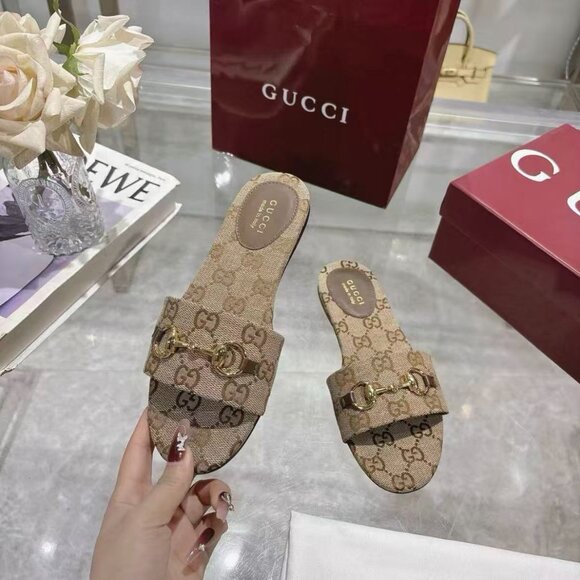 Gucci Women's Tan Monogram Sandals with Gold Accents - Picture 4 of 6